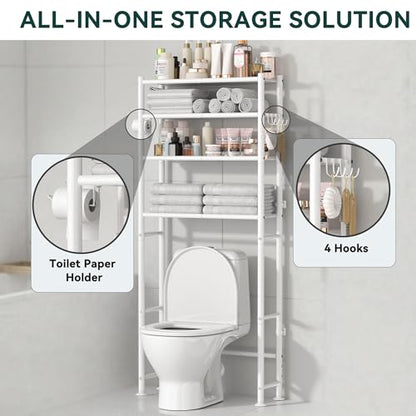 4-Tier Over The Toilet Storage Shelves, White | 200lb Total Capacity, Metal Bathroom Organizer with 36" Clearance, Includes Paper Holder & 4 Hooks, Suit for Small Space