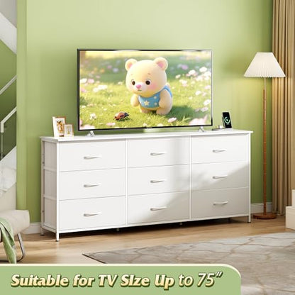 WLIVE Wide TV Stand for 75 Inch TV, 9 Fabric Drawers, White | Fits TVs up to 75 inch, 9 roomy fabric drawers, Wide wood tabletop, Living room or hallway, Large storage capacity