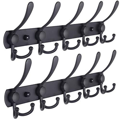 Coat Rack Wall Mounted - 5 Tri Hooks, Heavy Duty, Stainless Steel, Metal Coat Hook Rail for Coat Hat Towel Purse Robes Mudroom Bathroom Entryway (Black, 2 Packs)