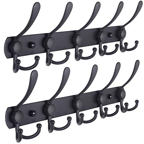 Coat Rack Wall Mounted - 5 Tri Hooks, Heavy Duty, Stainless Steel, Metal Coat Hook Rail for Coat Hat Towel Purse Robes Mudroom Bathroom Entryway (Black, 2 Packs)