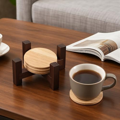 LemonRoad 2 Pack 5.13"×5.13"×2.25" Rustic Brown Solid Wood Coaster Holder for Round or Square 4" Coasters Ideal for Kitchen Bar & Home Decor Enthusiasts