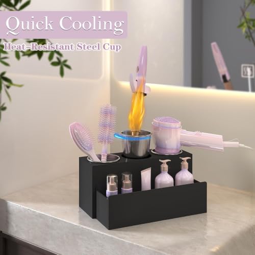 Matte Black Countertop Hair Tool Organizer for Vanity | Stainless Heat Insulated Cups, Detachable Drawer, Stores Hot Styling Tools, Hair Dryer & Curling Irons