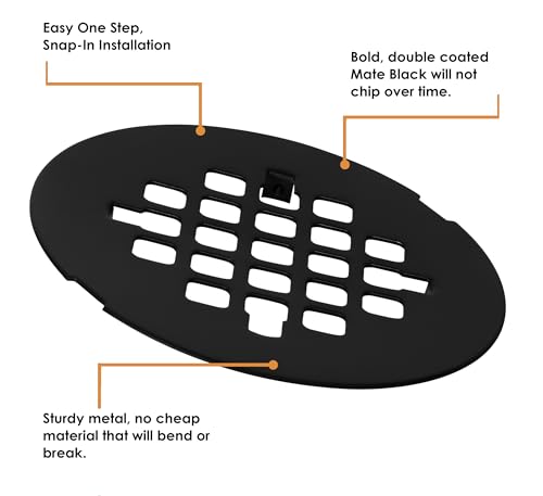 4 ¼” Matte Black Snap-in Shower Drain Cover - Premium Round Black Grate Replacement - 4.25" OD Strainer - Easy Install - Durable Solid Brass Construction