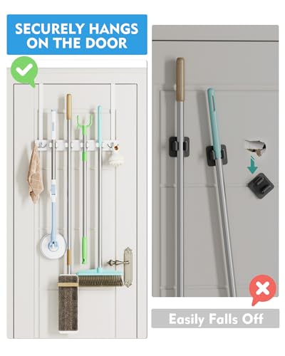 Over the Door Broom and Mop Holder, Broom Hanger, 4 Slots & 4 Hooks | No Drilling Required, Wood and Metal Build, EVA Door Protection Pads, Secure Grip Slots, Closet Garage Laundry Use, White
