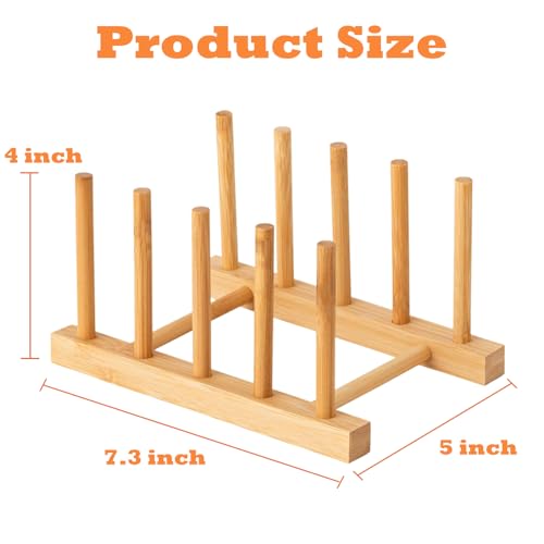 4 Pcs Bamboo Wooden Dish Rack, Plate Organizer for Cabinet Space Saver and Kitchen Counter, Bowl/Cup/Pot Lid/Cutting Board Drying Holder (4 Slots)