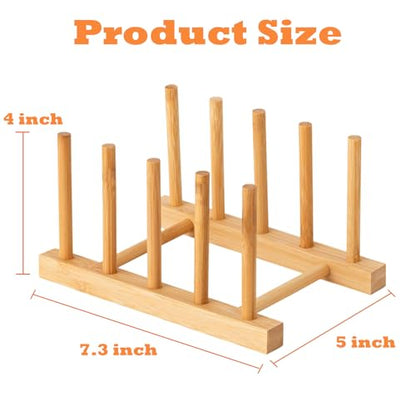 4 Pcs Bamboo Wooden Dish Rack, Plate Organizer for Cabinet Space Saver and Kitchen Counter, Bowl/Cup/Pot Lid/Cutting Board Drying Holder (4 Slots)