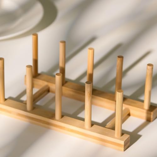 4 Pcs Bamboo Wooden Dish Rack, Plate Organizer for Cabinet Space Saver and Kitchen Counter, Bowl/Cup/Pot Lid/Cutting Board Drying Holder (4 Slots)