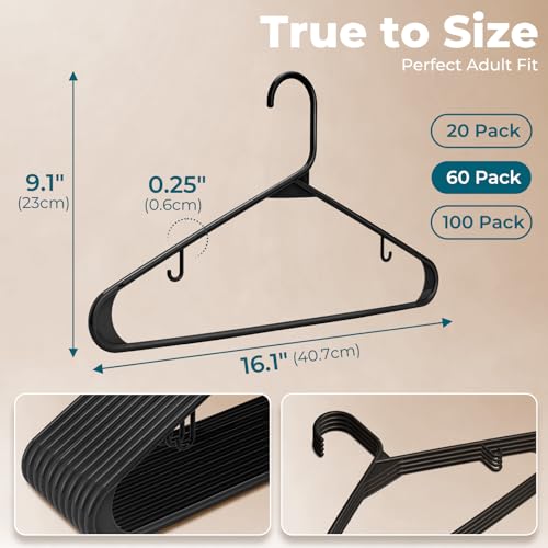 HOUSE DAY Black Plastic Hangers 60 Pack, Slim Space-Saving Clothes Hangers | Durable Hangers Hold Up to 7 lb with Built-In Non-Slip Strap Hooks and Smooth Edges; Family Pack for Everyday Closet Storage