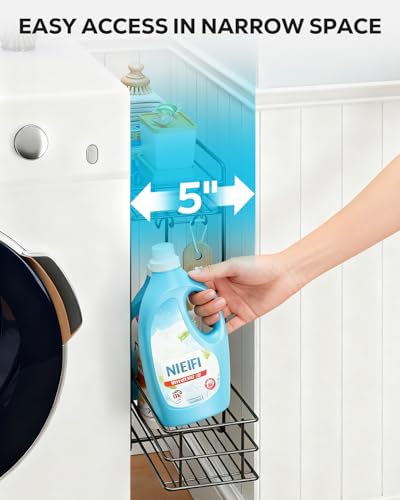 Nieifi Magnetic Shelves for Washing Machine, Magnetic Laundry Organizer | Heavy duty, 2 tier, pull out drawer, 2 hooks, dryer organizer, laundry room storage, magnetic spice rack, black