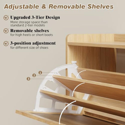 Shoe Storage Cabinet for Entryway, 2 Flip Drawers with 3-Tier Rack Each, 6-Layer Total Storage, Narrow Shoe Cabinet with Linen Panel, Slim Wood Shoe Organizer Closed Shoe Rack for Hallway,Small Spaces