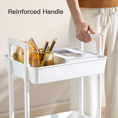 Pipishell 3 Tier Rolling Cart Organizer, Plastic Rolling Cart with Lockable Wheels & Reinforced Handle, Lightweight Utility Cart Storage Cart for Nursery, Kitchen, Bathroom, Craft Room, White, PIUC14W