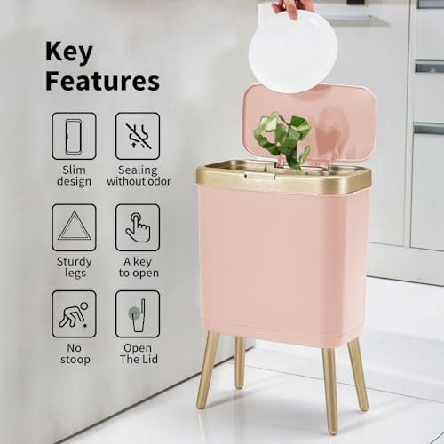 Procade Bathroom Trash Can with Lid,4 Gallon Gold and Pink Garbage Can,Slim | Tall Plastic Trash Bin with Legs and Press Top Lid,Narrow cute Small Waste Basket for Room, Bedroom,Office,Kitchen,RV,Laundry