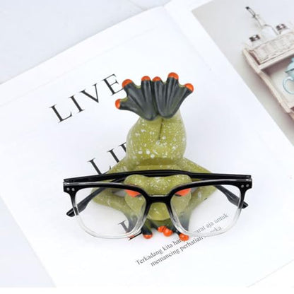 Funny Frog Figurine Eyeglasses Holder Stand, Cute Resin Frog Sculpture Creative Sunglasses Spectacle Display Rack for Desk Nightstand, Home Office Decorations Gift