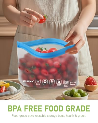 IDEATECH 20Pack Reusable Bags Dishwasher Safe, Leakproof Reusable Freezer Bags, BPA Free Healthy Food Storage Contaizers Sandwich Snack Baggies for Lunch Travel(8 Gallon 6 Quart 6 Snack,Colored)