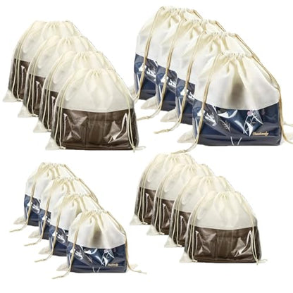 16 Pcs Beige Dustproof Drawstring Bags Purse Dust Storage Bags for Handbags Covers Non Woven Fabric Cloth Pouch String Packing Organizer Shoe Pouch(4 Sizes)