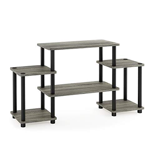 Furinno Turn-N-Tube No Tools Entertainment Center, Round Square Corner, French Oak Grey/Black | Raised Top, Open Shelves TV Console with for TV up to 32 Inch, for Living Room, Bedroom