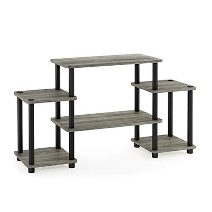 Furinno Turn-N-Tube No Tools Entertainment Center, Round Square Corner, French Oak Grey/Black | Raised Top, Open Shelves TV Console with for TV up to 32 Inch, for Living Room, Bedroom