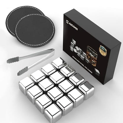 16 Pack Reusable Stainless Steel Ice Cubes for Drinks - Metal Whiskey Stones, High Cooling Technology, for Whiskey, Vodka, Liqueurs, Wine, Beverage Juice or Soda, Pack of 16
