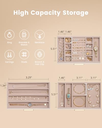 Lolalet Jewelry Box Organizer, 3-Layer Jewelry Storage Case -Beige | Jewellery Organizers and Storage with Glass Window, Ring Earring Bracelet Necklace Holder, Birthday Gifts for Women Girls Mom