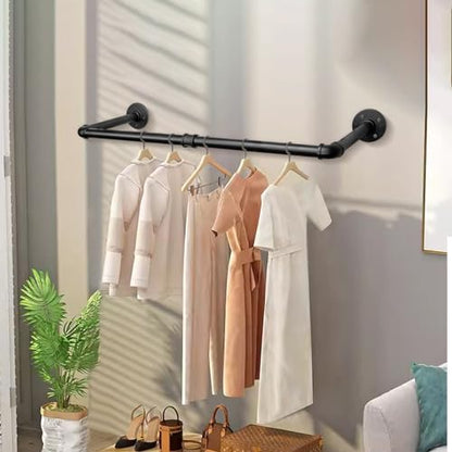 Industrial Iron Pipe Clothes Hanging Bar DIY Wall-Mounted Garment Rack Heavy Duty Clothing Rack for Bedroom, Laundry Room, Closet Storage (Black 24 inch)