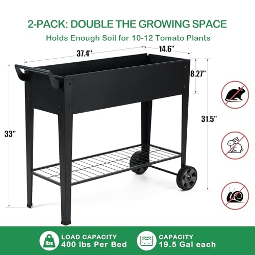 2-Pack 32" Tall Elevated Raised Garden Bed with Wheels and Shelf | Rolling raised garden planter, heavy-duty anti-rust steel, 400 lbs, storage, drainage, for herbs, flowers, patio, balcony