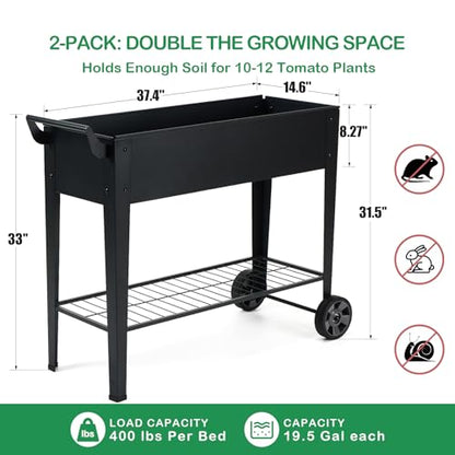 2-Pack 32" Tall Elevated Raised Garden Bed with Wheels and Shelf | Rolling raised garden planter, heavy-duty anti-rust steel, 400 lbs, storage, drainage, for herbs, flowers, patio, balcony