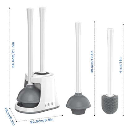 Toilet Plunger and Brush with Holder, Bowl Brush and Heavy Duty Toilet Plunger Set with Ventilated Holder, 2-in-1 Toilet Brush and Plunger Combo for 5.3-inch Toilet Drain New Pack (White, 1)