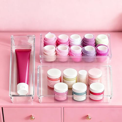 Large Drawer Organizer Bins 26 Pack | Complete 5 Size Clear Plastic Kitchen Drawer Organizers for Utensils | Bathroom Drawer Organizer Trays | Versatile for Makeup Office Organization