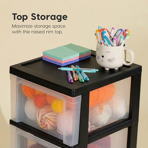 IRIS USA 3-Drawer Slim Narrow Storage Organizer Rolling Cart, Black/Clear | Organize crafts, school supplies, accessories, and household items with slim storage and easy-access drawers