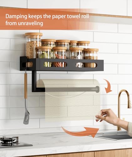 Paper Towel Holder Wall Mount for Kitchen, One-Handed Tear, Bathroom Paper Towel Holder with Shelf, RV Paper Towel Rack Wall Mount Paper Roll Holder with 4 Hooks, Matte Black