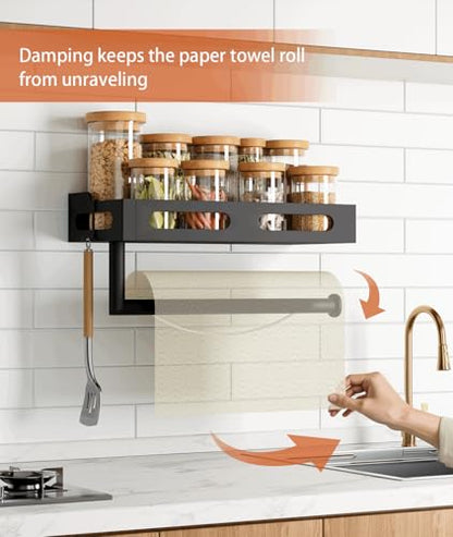 Paper Towel Holder Wall Mount for Kitchen, One-Handed Tear, Bathroom Paper Towel Holder with Shelf, RV Paper Towel Rack Wall Mount Paper Roll Holder with 4 Hooks, Matte Black