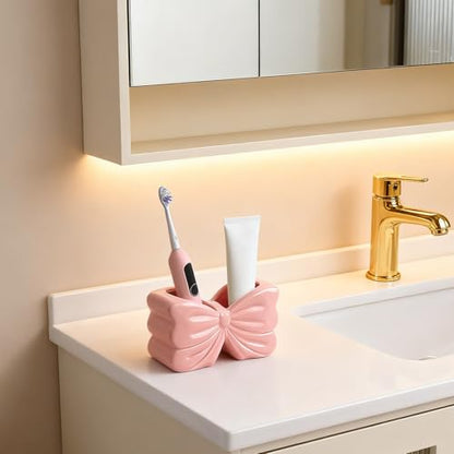 Pink Bow Ceramic Toothbrush Holder,Sweet Girly Gift Bathroom Decor | 2-Slot Bathroom Organizer for Makeup Brushes & Pencils, Cute Small Bow Vase,for Bathroom Vanity ,Gift for Women