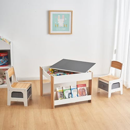 Asweets Kids Table and Chair Set,4 in 1 Toddler Desk with Storage Drawer,Wooden Activity Table for 2 in 1 Detachable Tabletop,Bookshelf,Suitable for Classroom,Home,Nursery,Playroom (Natural White)