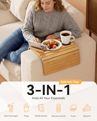 Yofidra Couch Armrest Table, Bamboo Sofa Arm Tray with 360° Rotating Phone Stand, 3 in 1 Foldable Couch Cup Holder with Non-Slip Pad, Sofa Organizer for Drink Remote Phone Snacks, Yellow