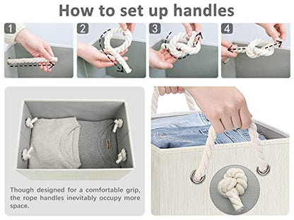 StorageWorks Storage Bins with Lids, Decorative Storage Boxes with Soft Rope Handles, Foldable Stackable Storage Baskets for Closet, Shelves, 3-Pack, Ivory and White, Large