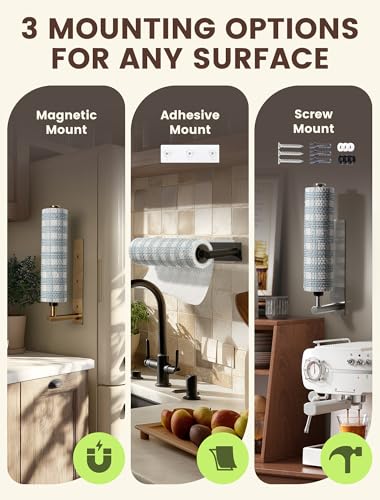 Magnetic Paper Towel Holder for Fridge, Kitchen, RV, Garage, Grill | Strong Magnet Paper Towel Holder with Self Adhesive Wall Mount and Screws, One Hand Tear with Adjustable Damping, Black