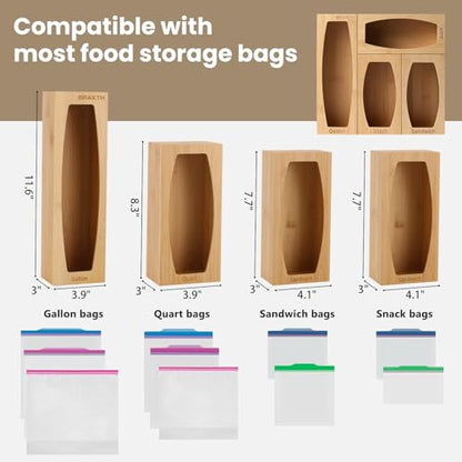 CRAKTH Plastic Bag Storage Organizer for Kitchen Drawer, Bamboo | Space-Saving, Set of 4 Separate, Food Bag Storage Holders, Fits Gallon, Quart, Sandwich, Snack Variety Size Bags