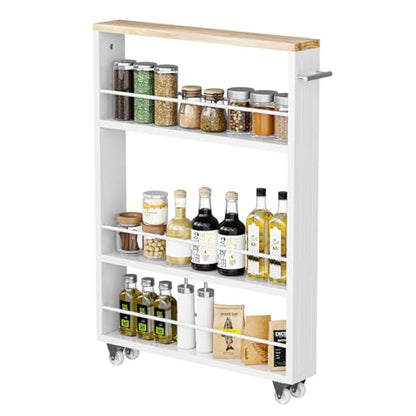 KLM 4 Tier White Slim Storage Cart with Handle, Slide Out Storage Rolling Utility Cart for Kitchen, Laundry, Narrow Places