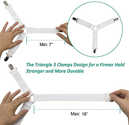 RayTour Bed Sheet Holder Straps Sheet Keepers Bedsheet Holders Fasteners 2 Sets | Eight adjustable three-clip holders secure two fitted sheets; wide elastic straps help keep each bed's four corners in place.