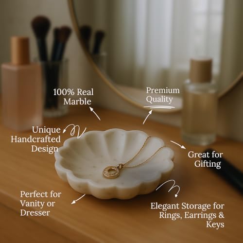 SWADESHI BLESSINGS HandMade Marble Jewelry Tray, Trinket Dish, Catch-all,5" | 100% Natural Marble Bowl- Organizes Rings, Earrings, Bracelets & Keys, Gift-Ready for Mother Sister Daughter on all Occasions