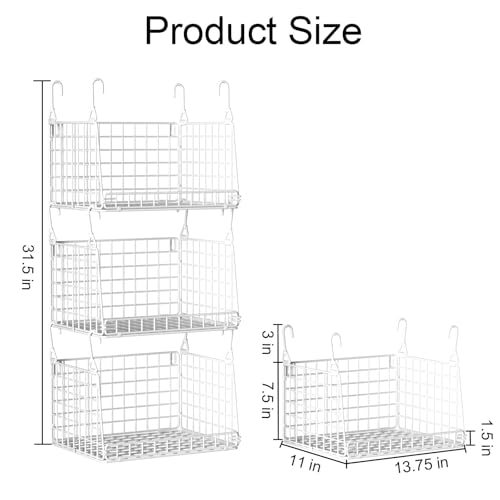 PUPPYCUTE 3-Pack Laundry Room Organization and Storage, Hanging Wire Basket for Laundry with 360°Rotating Hooks, Over Washer and Dryer Shelves, Laundry Organizers and Storage Basket, White