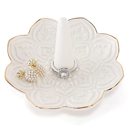 Ceramic White Mandala Jewelry Holder Decorative Ring Holder/Trinket Tray Engagement Wedding Birthday Gifts for Women Her
