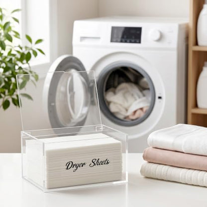 Acrylic Dryer Sheet Holder Dispenser Container,Bonus Black Labels Included | Clear Fabric Sheet Holder Box for Bathroom,Laundry Room Storage Organization and Decor