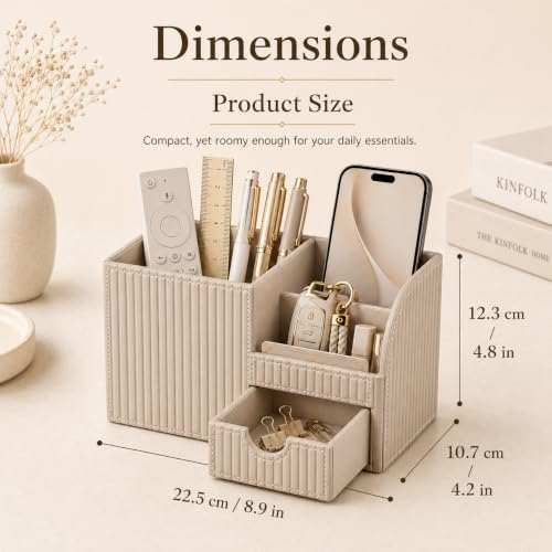 Luxury PU Leather Desk Organizer with Drawer, Modern Aesthetic Office Desk Accessories for Men & Women, Multi-Compartment Pen Holder & Desktop Storage Organizer for Home Office