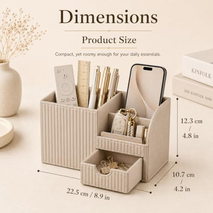 Luxury PU Leather Desk Organizer with Drawer, Modern Aesthetic Office Desk Accessories for Men & Women, Multi-Compartment Pen Holder & Desktop Storage Organizer for Home Office