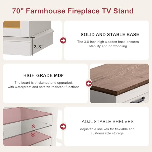 70" Fireplace TV Stand, 3-Sided Glass Fireplace and Modern Entertainment Center, Wooden Media Console with Glass Doors & Storage Drawers, LED Light, for Living Room, Antique White