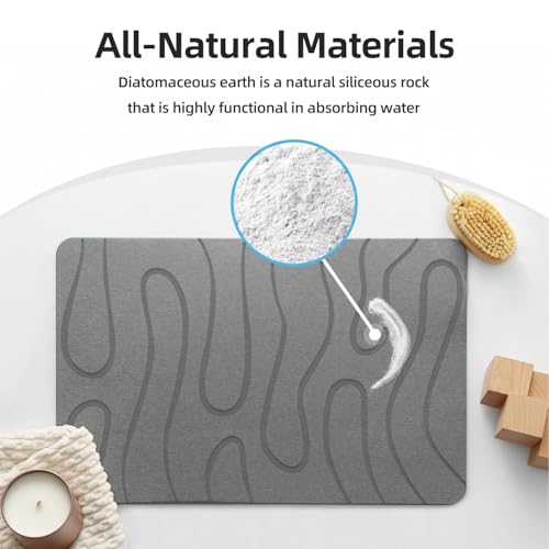 Stone Bath Mat, Diatomite Fast Drying Non Slip Stone Shower Mat, Super Absorbent for Bathroom & Kitchen, Multi-Use as Pet Mat, Easy to Clean 16"x24", Gray