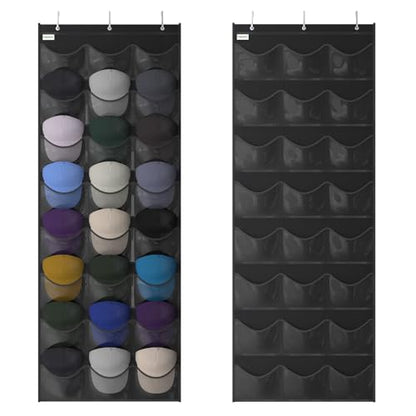 Baseball Hat Rack, 24 Pocket Over-The-Door Hat Organizer with Clear Deep Pockets to Display Baseball Caps Collection, Complete with 3 Over Door Hooks (Black, 24 Pockets)