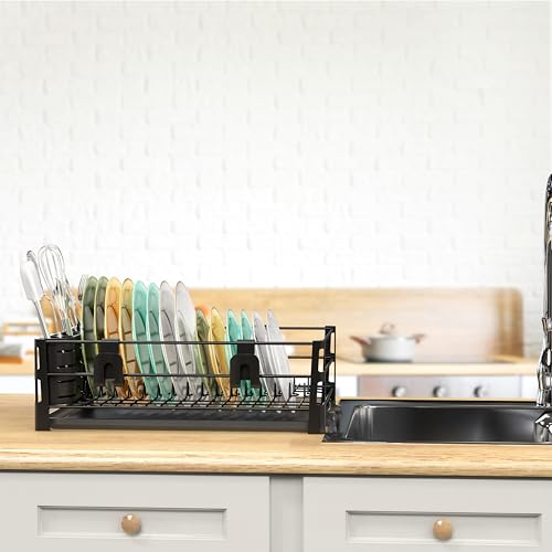 Simple Houseware Dish Drying Rack, Black | with Drainboard, Utensil Holder and Mug Hooks
