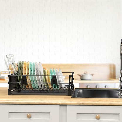 Simple Houseware Dish Drying Rack, Black | with Drainboard, Utensil Holder and Mug Hooks
